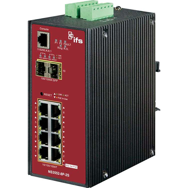 SWITCH INDUSTRIAL INTERLOGIX IFS , 8 PUERTOS 10/100/1000M POE+, 2 X 1G SFP, ADMINISTRABLE NS3552-8P-2S